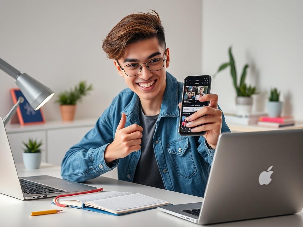 Create a realistic high-resolution image that captures the essence of mastering TikTok profile setup. The composition should feature a single subject: a young, enthusiastic content creator sitting at a modern desk. They are focused and engaged, directly interacting with their smartphone to customize their TikTok profile. The smartphone screen should display the TikTok app interface, showcasing vibrant profile elements without any text. 

The subject should have an expression of excitement and determination,