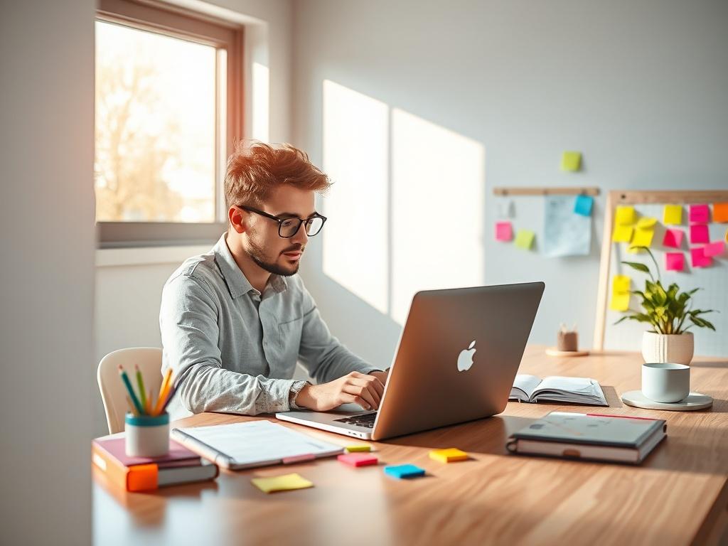 A high-resolution, photorealistic image of a content creator sitting at a modern workspace. The creator is focused on their laptop, surrounded by colorful sticky notes and a planner. The background features a minimalistic design with clean lines and vibrant colors. The scene conveys productivity and organization, with natural light streaming in from a window, adding warmth to the atmosphere.