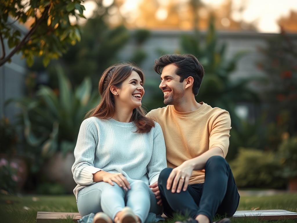 A serene, high resolution image of a happy couple sitting