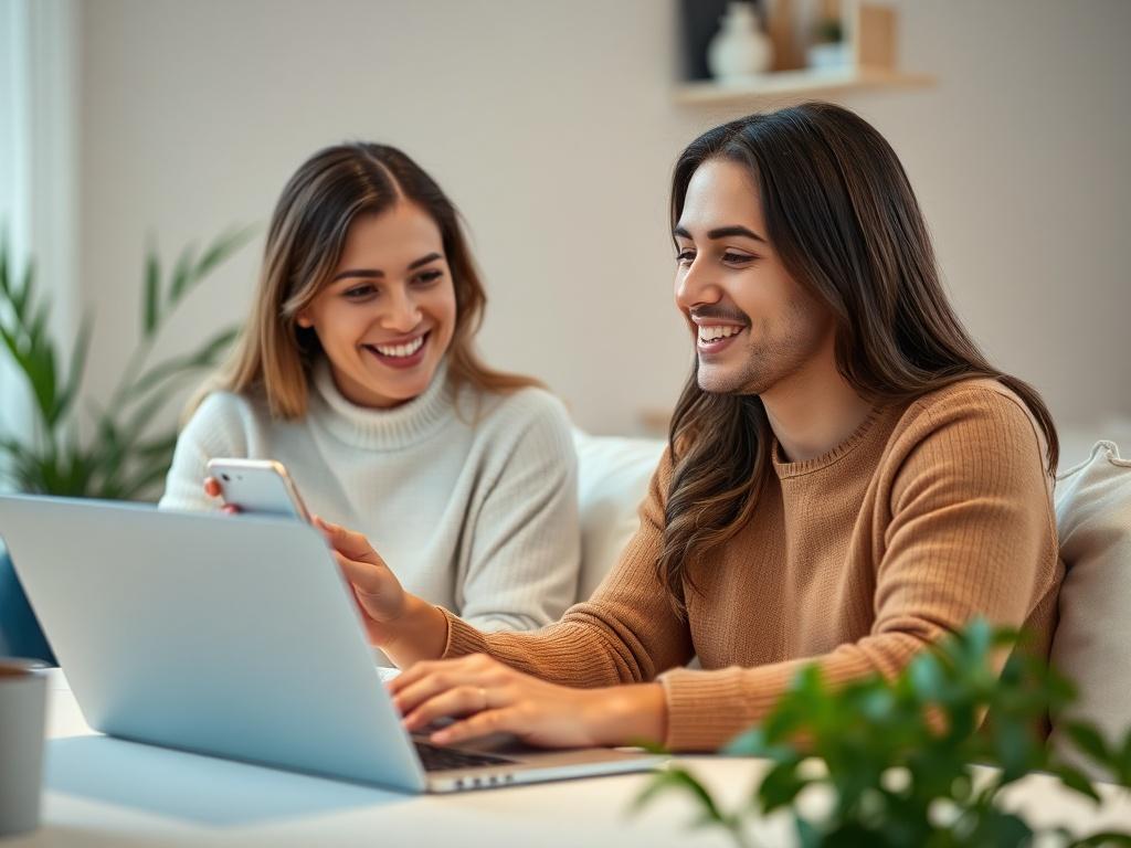 An inviting visual of two people, one on a smartphone