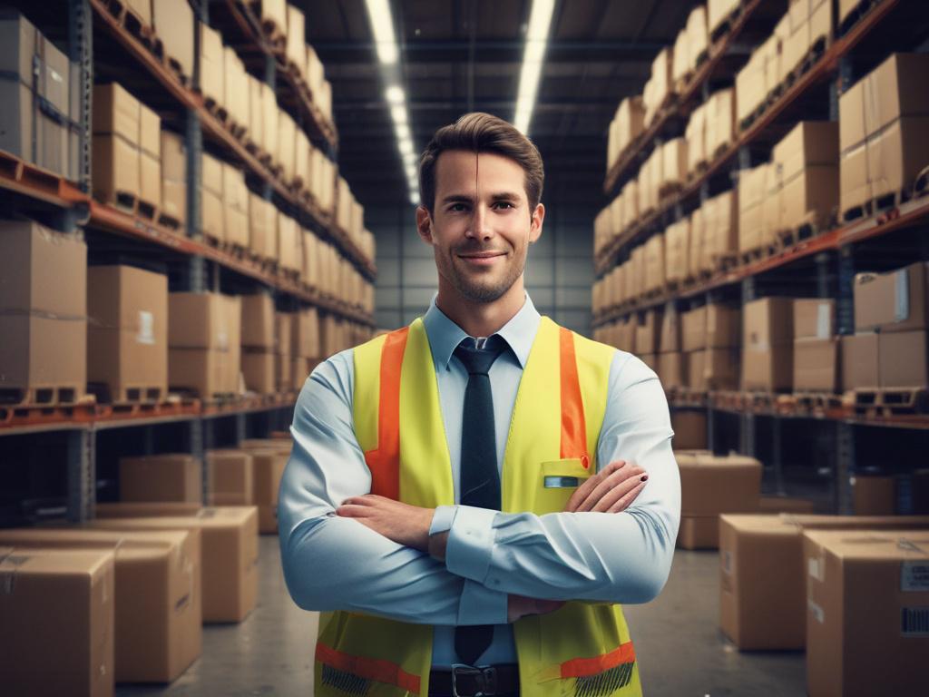 A professional staffing agent standing confidently in a warehouse setting,