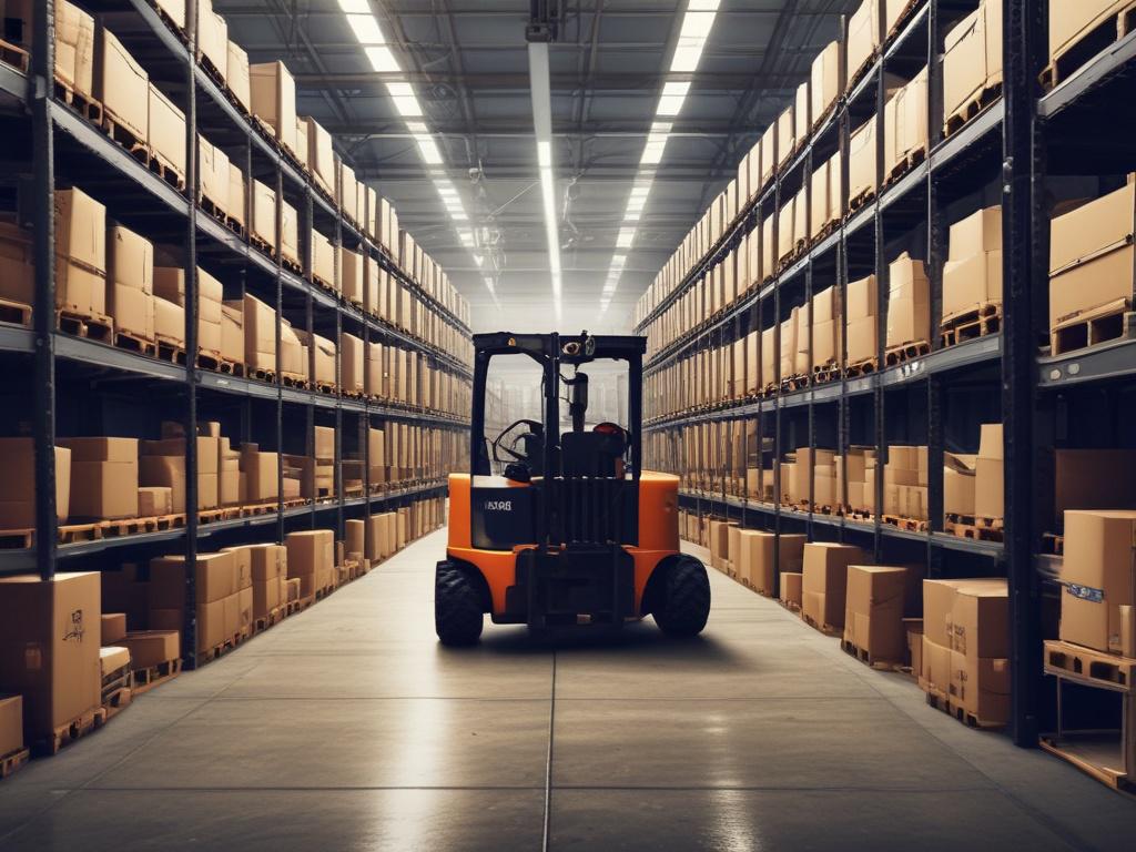 A highly detailed image of a forklift operator working inside a bustling distribution center in New York. The scene shows a well-organized warehouse with high shelves filled with packages. The forklift is in the foreground, driven by a focused operator wearing safety gear. The background features other workers engaged in various tasks, with bright overhead lights illuminating the space. The overall atmosphere is dynamic, showcasing the efficiency and activity of a modern distribution center.