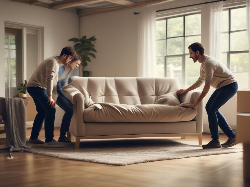 A realistic high-resolution photo of a team of movers carefully taking out a cold couch from a house. The scene is set in a living room with soft natural light coming through a window. The movers are wearing uniforms and working together to lift the couch. The background shows a cozy interior with minimal decoration, emphasizing the task at hand. The focus is on the movers and the couch, capturing the effort and teamwork involved in the moving process.