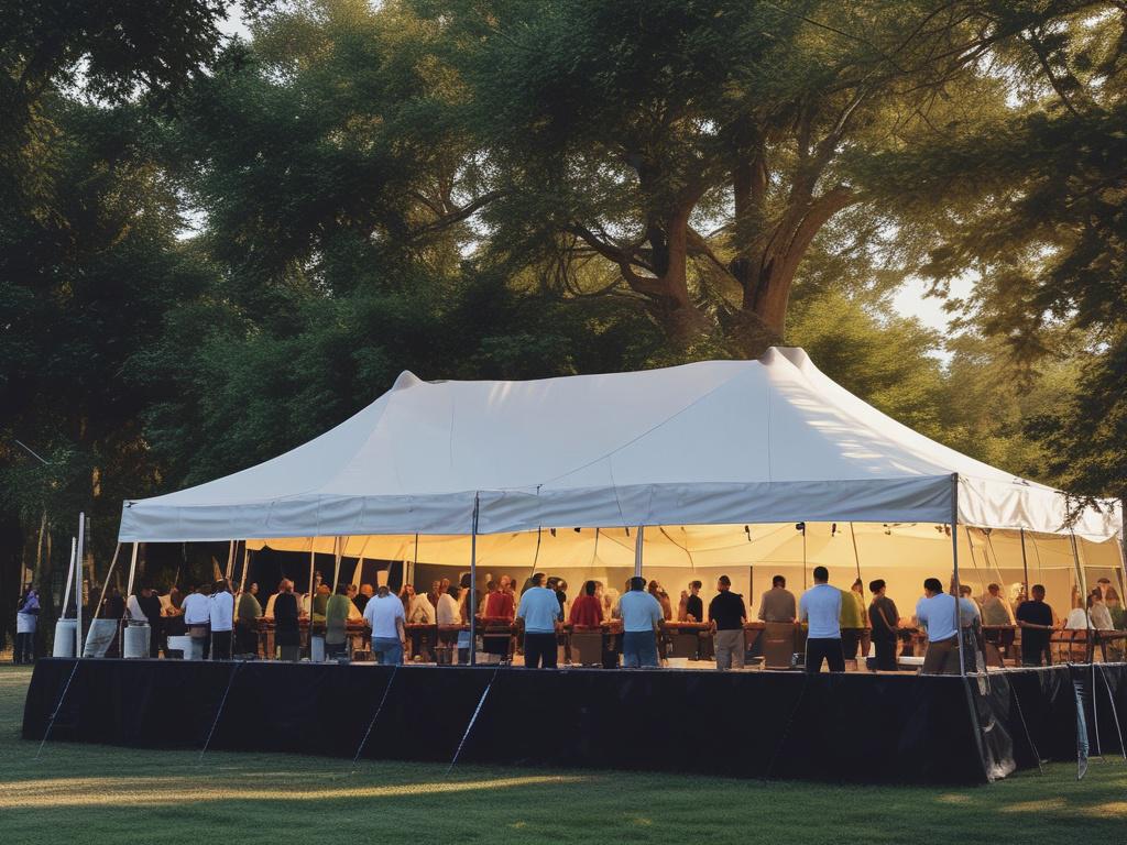 A realistic high-resolution photo of a team of event staff setting up for a large outdoor event. The scene includes workers arranging tables and chairs under a large tent, with vibrant decorations being set up in the background. The workers are wearing branded uniforms and are actively engaged in their tasks, showing teamwork and coordination. The background features a sunny day with clear blue skies and some greenery, creating a welcoming atmosphere.