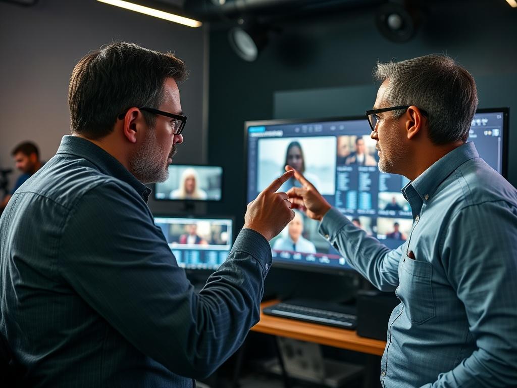 A close-up shot of a filmmaker reviewing film cuts with a consultant in a modern editing suite. The consultant points to the screen, discussing key editing techniques and storytelling elements. The room is equipped with high-end editing equipment, and the lighting focuses on the screen to emphasize the film content. The image captures the intensity and collaboration of the consultation, showcasing the creative process.