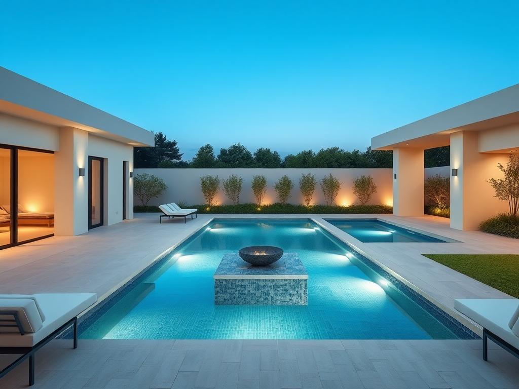 A modern chic pool design featuring clean lines and elegant features. The pool should be surrounded by minimalist landscaping, with a focus on simplicity and sophistication. Include stylish outdoor furniture and soft ambient lighting to create an inviting atmosphere. The background should be a serene outdoor setting, with a clear blue sky and a hint of greenery, emphasizing the tranquility of a luxurious poolside experience.