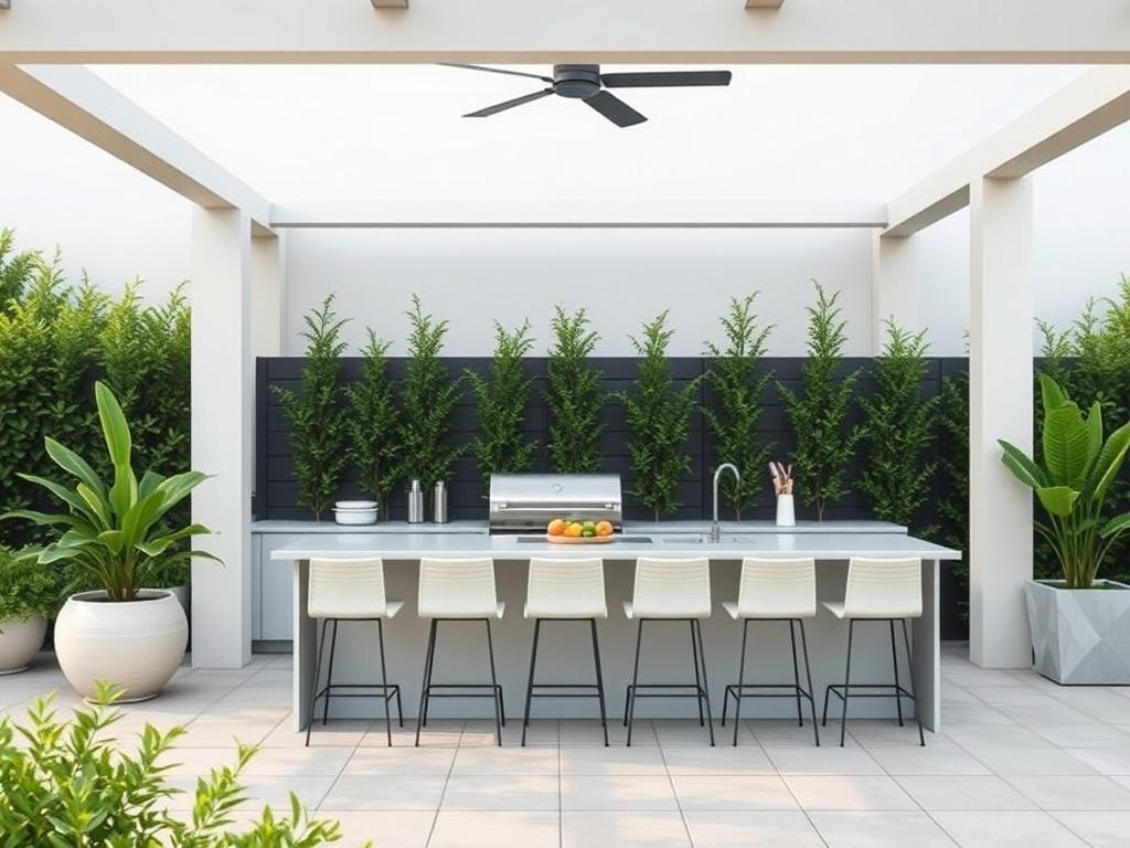 Create a realistic high-resolution photo of an elegant outdoor patio featuring a modern kitchen setup. The patio should showcase clean lines and minimalistic design, with a focus on essential elements such as a sleek countertop, stylish bar stools, and contemporary outdoor appliances. Surround the patio with lush greenery for a serene atmosphere, and ensure the background is unobtrusive to highlight the kitchen area.