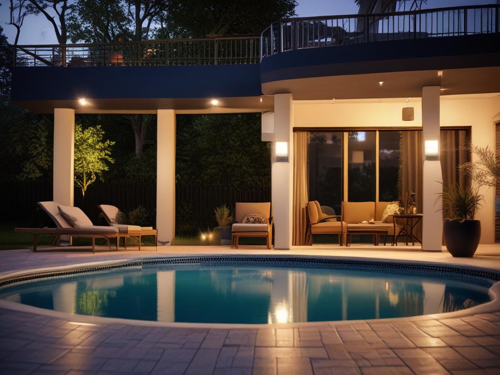 sophisticated outdoor lighting design highlighting pool and patio, warm glow