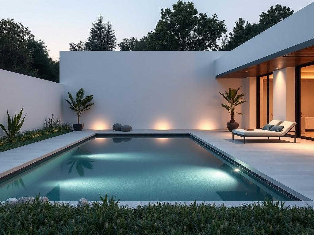 A modern chic pool design featuring clean lines and elegant shapes. The pool should be surrounded by minimalistic landscaping with simple greenery and stones. There should be a comfortable lounge area with stylish outdoor furniture next to the pool. The background should be a serene outdoor space with soft lighting, capturing the essence of luxury and relaxation. The overall color scheme should reflect a calm and sophisticated vibe.