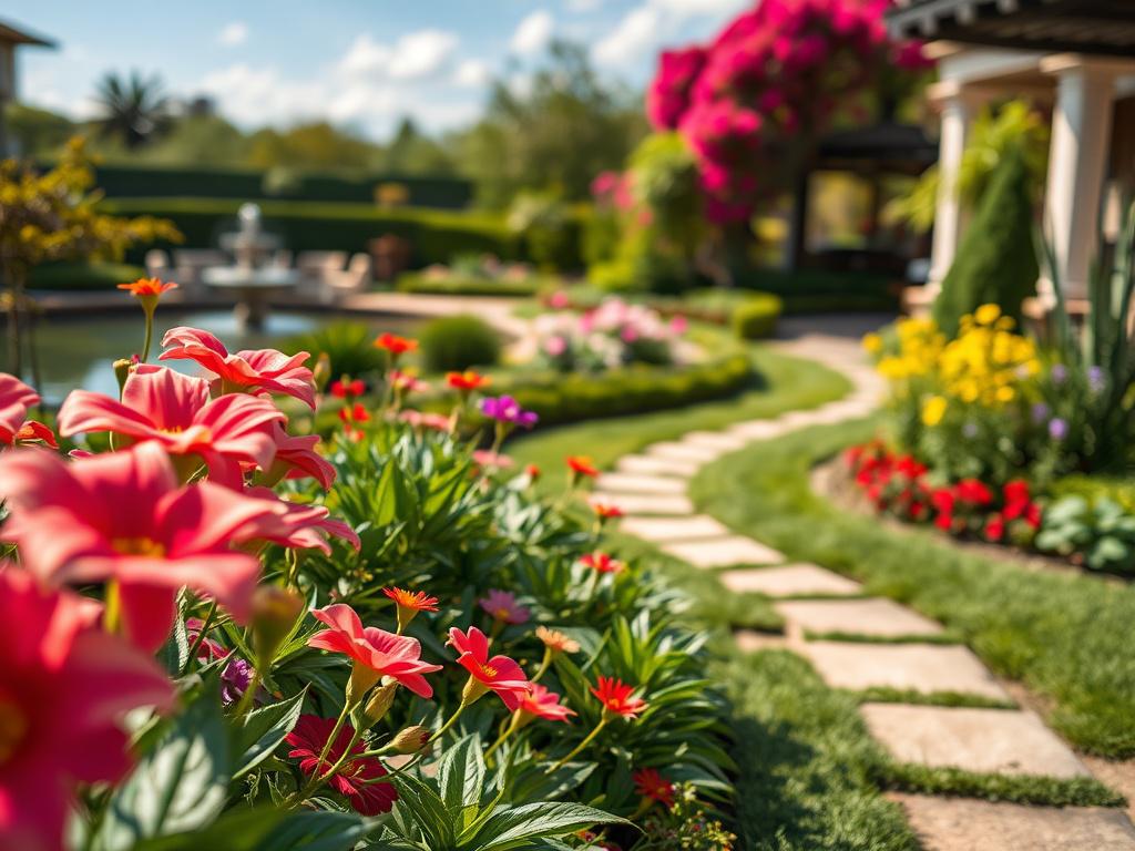 A close up of a beautifully landscaped garden featuring vibrant