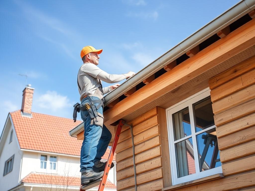Ein realistisches, hochauflösendes Foto von einem Handwerker, der an einer Haus Sanierung arbeitet. Der Handwerker steht auf einer Leiter und repariert ein Dach, während im Hintergrund ein teilweise renoviertes Haus und ein klarer blauer Himmel sichtbar sind. Die Bildkomposition ist einfach und klar, mit dem Fokus auf dem Handwerker und dem Dach. Die Farben sind lebhaft und die Bildqualität ist hoch, passend zum rgb(12, 186, 225) Hauptfarbton.