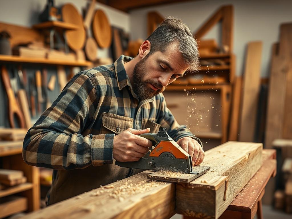 A realistic high-resolution photo of a carpenter working on a wooden beam. The carpenter is focused, using a hand saw, with wood shavings flying around. The background shows a well-organized workshop with various tools and wooden materials. The lighting is warm and inviting, emphasizing the craftsmanship. The composition is clear, with the carpenter as the single subject, shot in close-up with a 45mm f/1.2 lens.