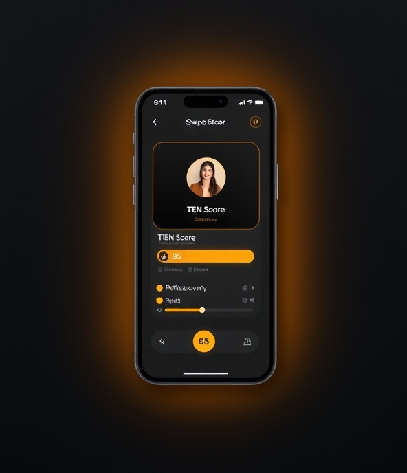 TENx app mockup showing swipe discovery and TEN Score