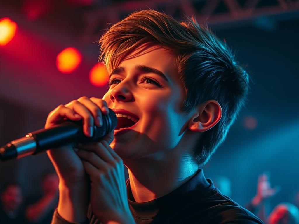 A close-up shot of a passionate young vocalist performing on stage, with dramatic lighting highlighting their face and microphone. The background is blurred with an audience cheering, creating an atmosphere of excitement and inspiration. The colors reflect a warm ambiance with hints of red, capturing the energy of the performance.