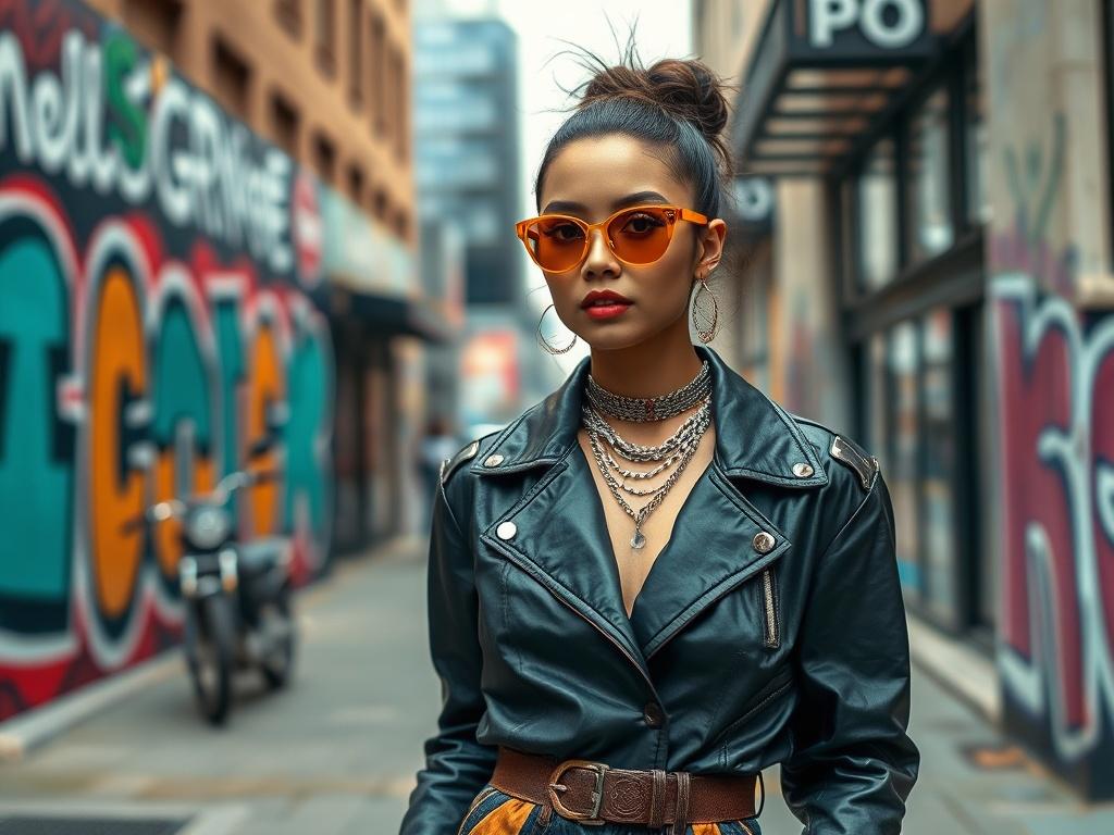 A close-up shot of a stylish fashionista showcasing an original outfit on a city street, with an urban backdrop that reflects contemporary fashion. The fashionista exudes confidence and flair, surrounded by colorful street art that complements their outfit. The image captures the essence of individuality and creativity.