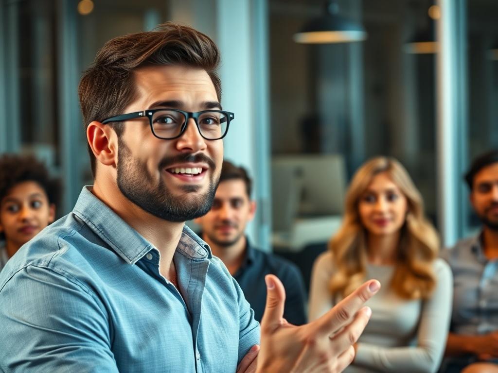 A close-up shot of a confident entrepreneur giving a presentation in front of an engaged audience, with a modern office backdrop. The entrepreneur exudes charisma and passion, while the audience appears captivated and inspired. The colors are vibrant, showcasing a contemporary and motivational environment.