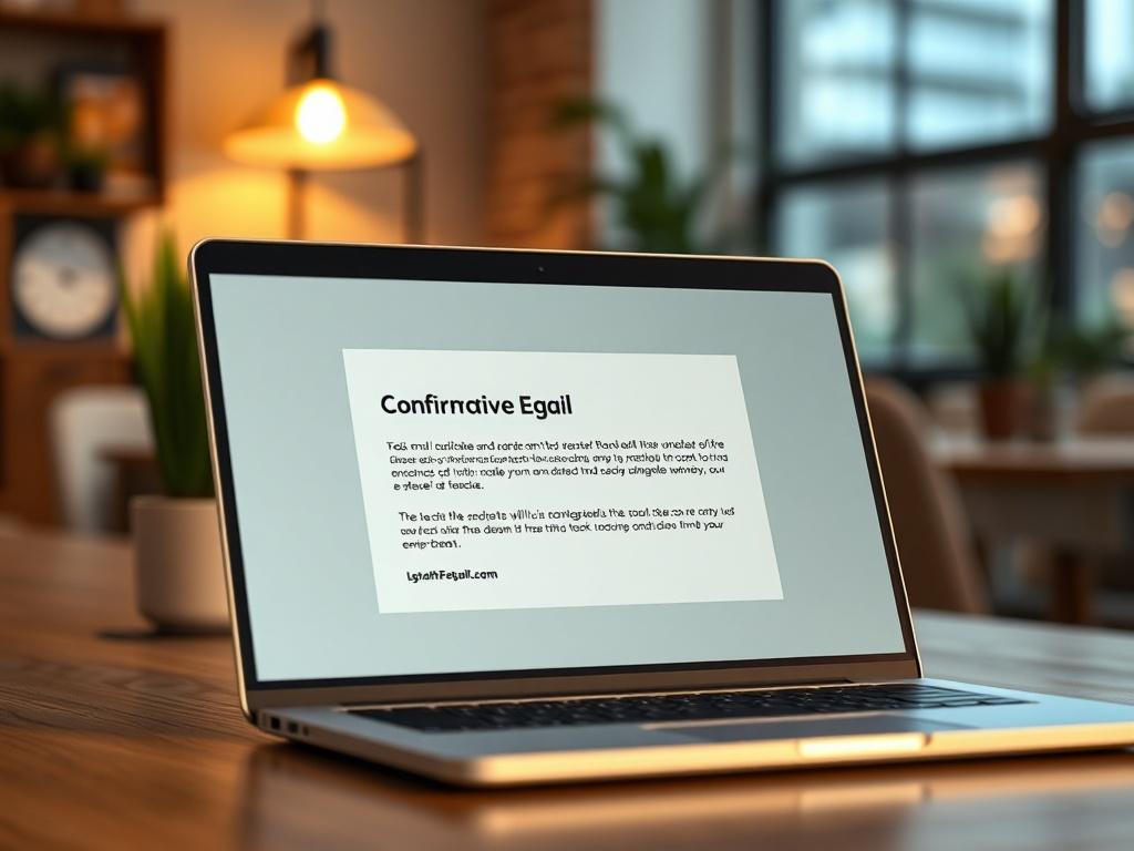 A close-up shot of a professional-looking confirmation email on a laptop screen, with a soft-focus background of a cozy office space, shot with a 45mm f/1.2 lens.