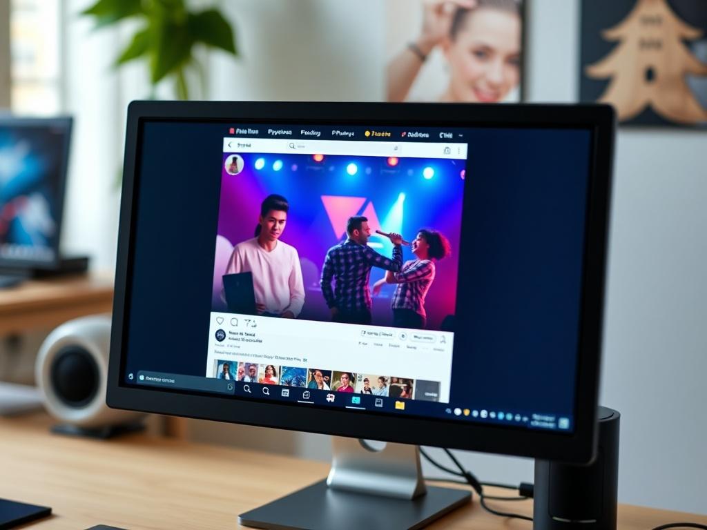 A close-up shot of a computer screen displaying a live social media post announcing a new talent, with vibrant colors and engaging visuals, shot with a 45mm f/1.2 lens.