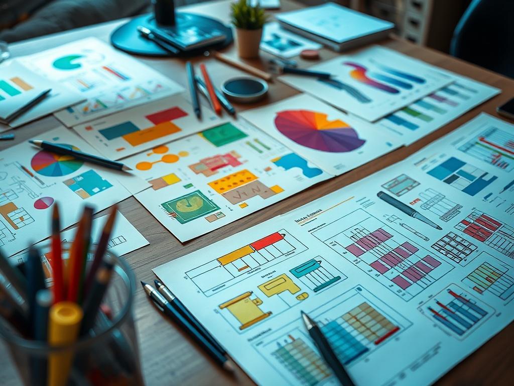 A close-up shot of a designer's workspace with colorful sketches and digital designs spread out on a table, featuring a creative atmosphere, shot with a 45mm f/1.2 lens.