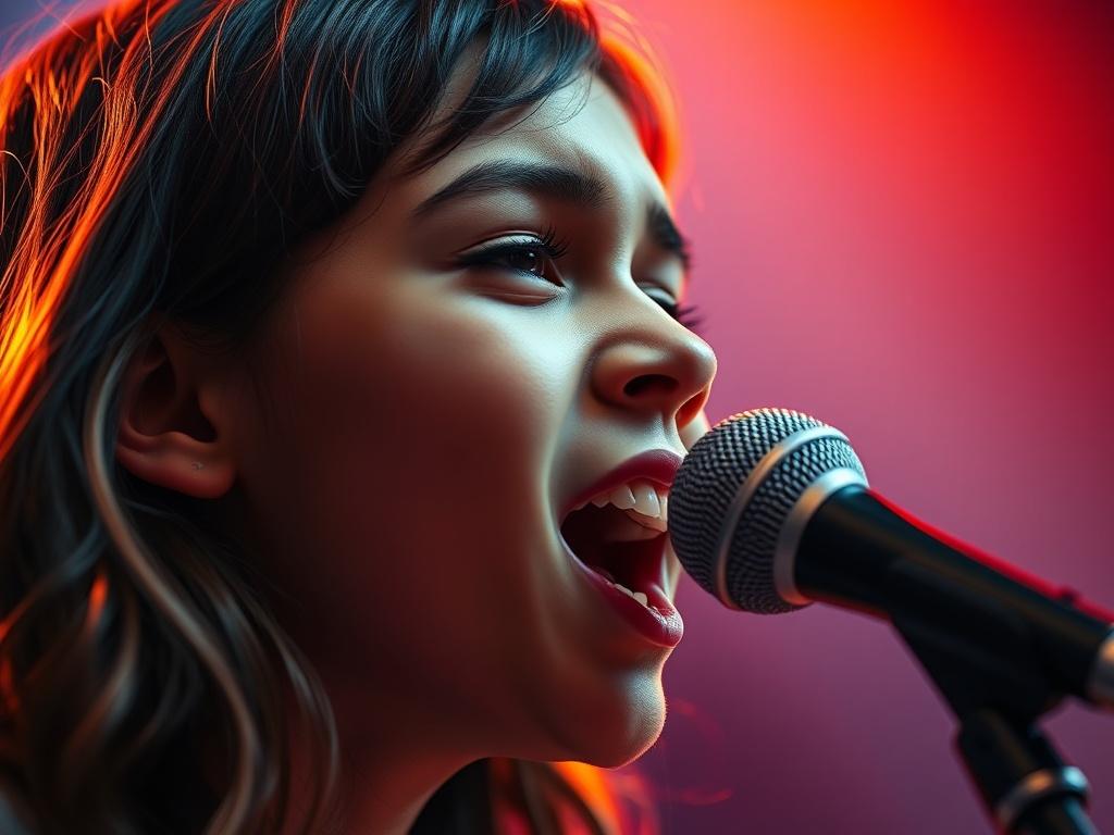 A vibrant and inspiring close-up portrait of a young vocalist passionately singing into a microphone. The background is softly blurred to emphasize the subject, with warm lighting that highlights their expressive features. The scene captures the energy and emotion of live performance, showcasing the vocalist's connection to music. The focus is sharp, and the image is rendered in hyper-realistic detail, evoking an atmosphere of creativity and inspiration.