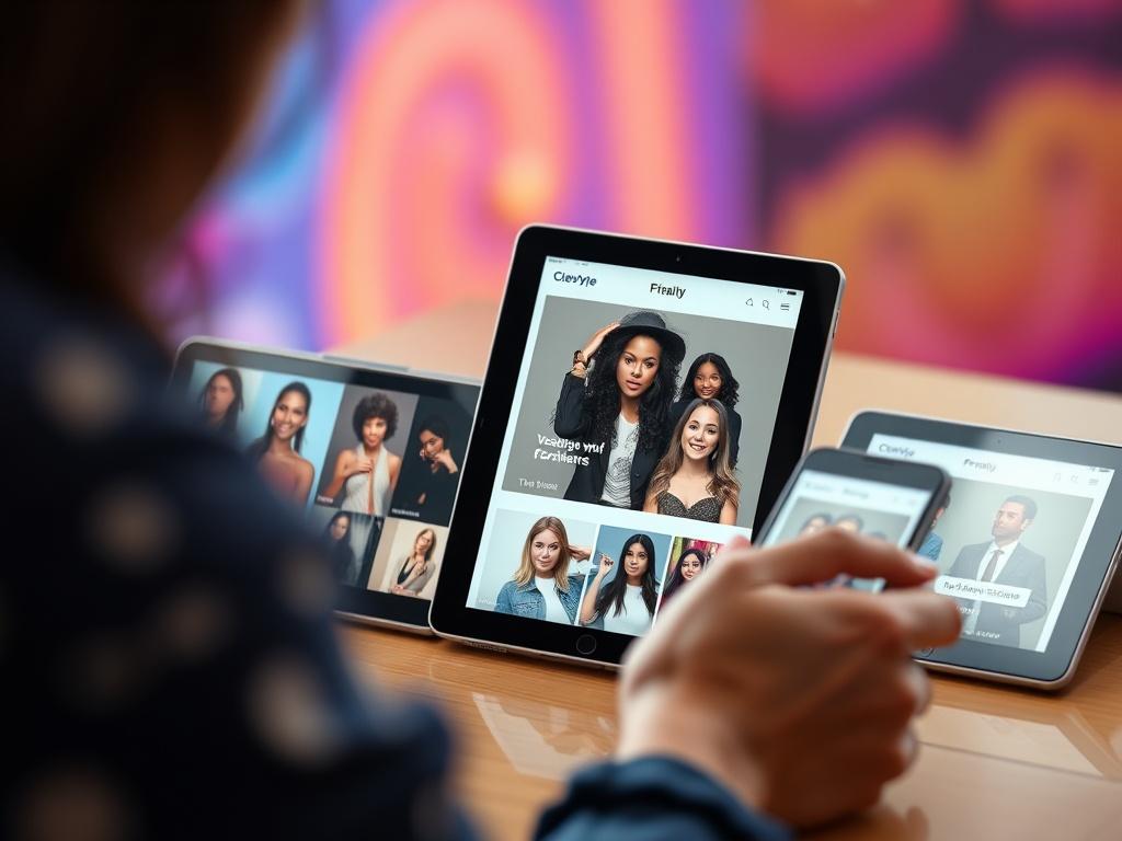 A dynamic close-up shot showcasing CleveStyle's digital platforms on various devices like tablets and smartphones. The screen should display engaging content featuring vocalists, entrepreneurs, and fashionistas. The background should be vibrant, reflecting the energy of the brand, with a focus on the digital interaction. The image should be taken with a 45mm f/1.2 lens style to capture the essence of the platforms.
