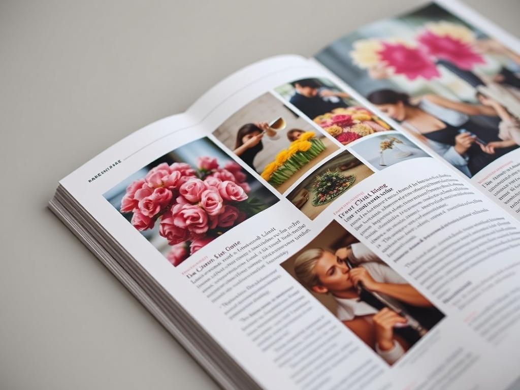 A close-up shot of a beautifully designed editorial layout featuring vibrant images and elegant typography. The layout should showcase a blend of text and visuals, highlighting the creative arrangement of elements on the page. The background should be a soft, neutral color to enhance readability and focus on the layout details. The photo should be taken with a 45mm f/1.2 lens style to emphasize the design elements.