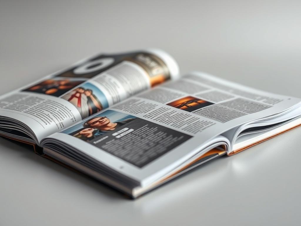 A captivating close-up shot of a premium collector's edition magazine open to a feature article. The focus should be on vibrant images and well-organized text, showcasing the elegance of the layout. The magazine should have a luxurious cover design, with a subtle background that emphasizes the quality of the publication. The image should be captured with a 45mm f/1.2 lens to highlight the details of the magazine.