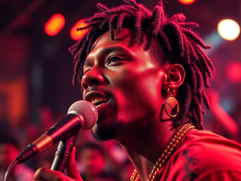 A stunning close-up shot of a vibrant cultural event, capturing an artist performing on stage with bright stage lights illuminating their face. The background features a cheering audience, blurred slightly to emphasize the artist. The image should be high-resolution, rendered in hyper-realistic detail, focusing on the artist's expressive performance. The primary color should be a deep red (rgb(155, 2, 2)) to create a dynamic and engaging visual.