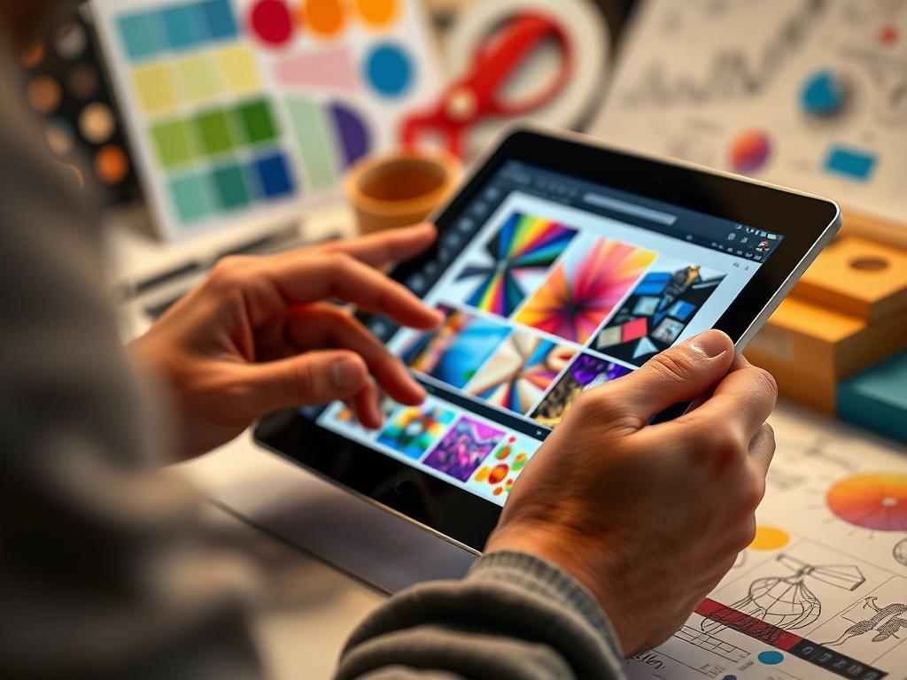 A close-up shot of a designer’s hands working on a digital tablet, creating vibrant graphics for a promotional campaign. The background should feature design elements like color swatches and sketches, showcasing a creative atmosphere. The focus should be on the tablet screen displaying colorful designs.