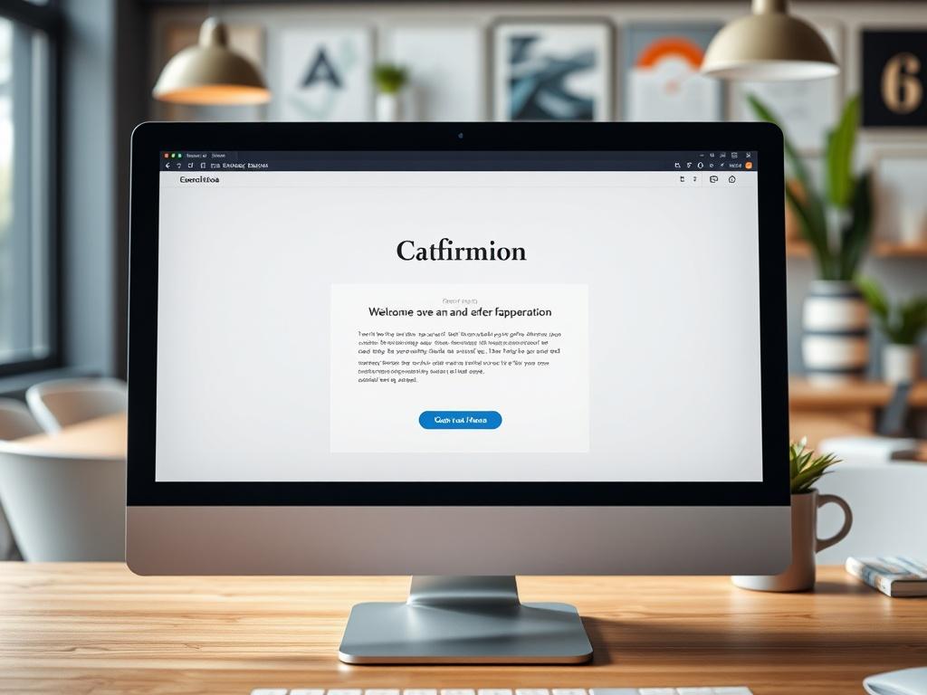 A close-up shot of a stylish confirmation email on a computer screen, with a modern, vibrant workspace in the background. The email should be focused and clear, showcasing a welcoming design. The scene should convey a sense of professionalism and creativity, with natural light illuminating the workspace.