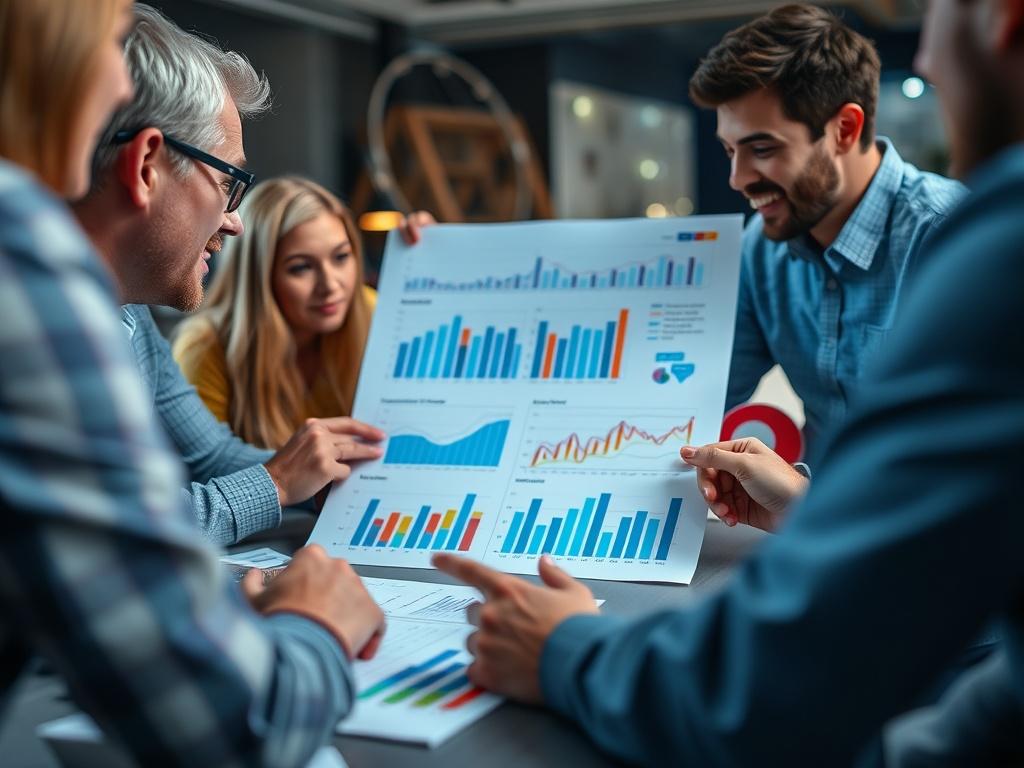 A close-up shot of a social media marketing strategy session, with charts and graphs on display, showing engagement metrics. The scene should convey collaboration and excitement, with team members discussing promotional ideas passionately. The focus should be on the charts and vibrant brainstorming materials.