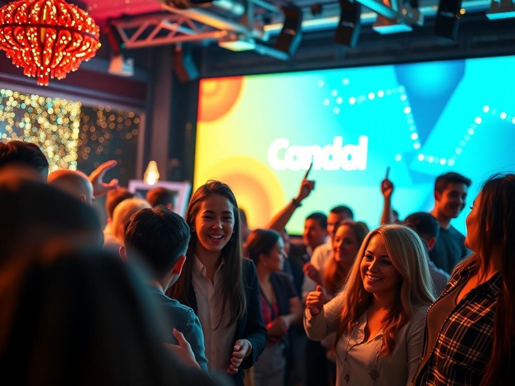 A close-up shot of a celebratory launch party, featuring a vibrant atmosphere with people engaging with promotional materials. The focus should be on a large screen displaying the new branding, with excited expressions on attendees’ faces. The background should reflect a festive and professional environment.