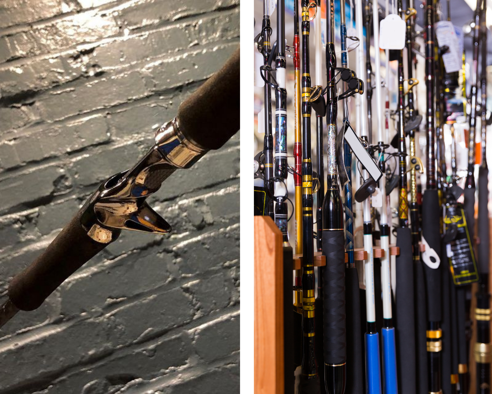 High-end custom casting rod with a chrome reel seat compared to a bunch of fishing rods stacked together in a retail store