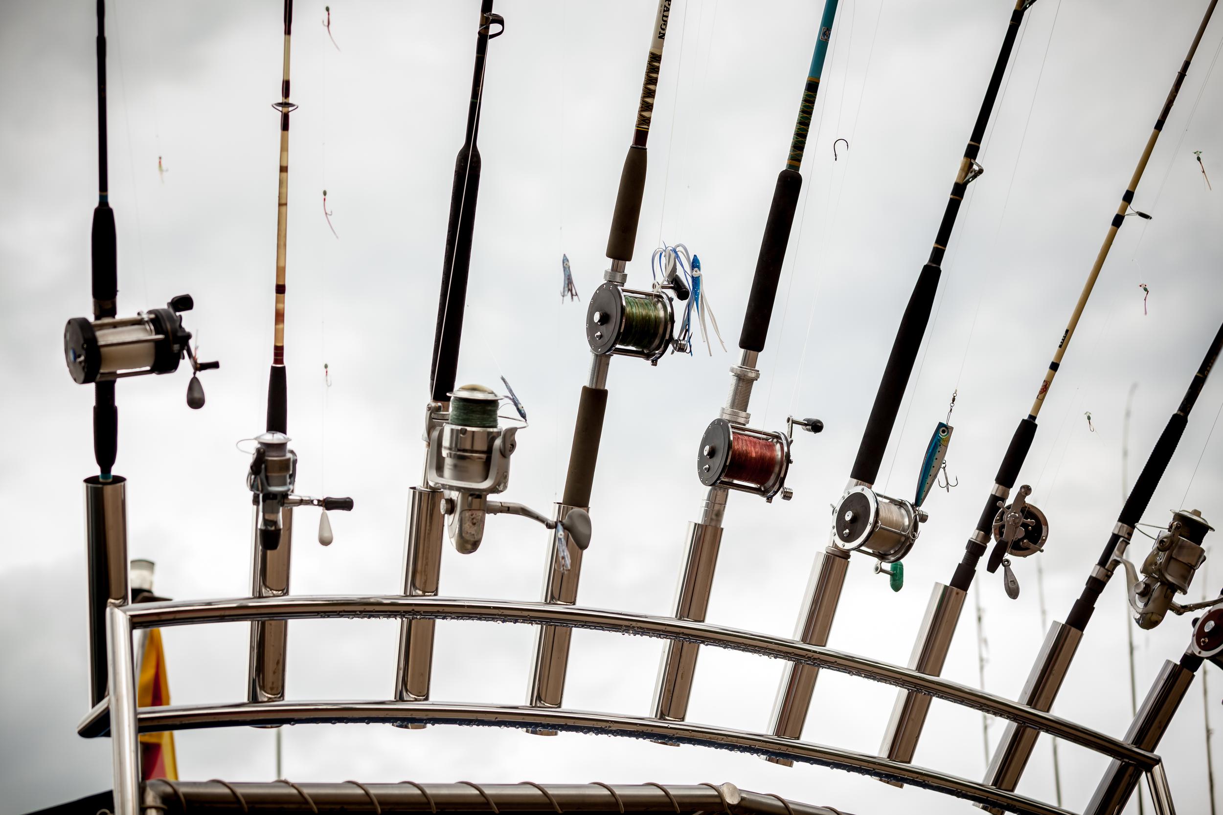 A row of casting rods on a boat sitting in the rod holders.  There are both spinning rods and casting rods in the rod rack.