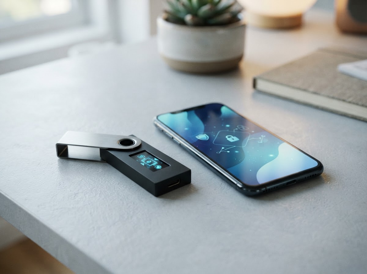 A hardware wallet device and smartphone arranged on a light tabletop