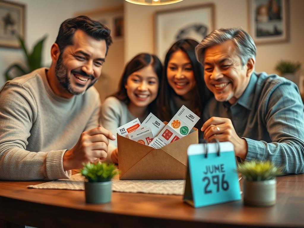 Create a highly realistic, high-resolution close-up image that embodies the theme of "Discounts and Offers." The main subject should be a family gathered around a table, celebrating together as they receive an envelope filled with discount vouchers. Focus on the joyful expressions of the family members, capturing their excitement and appreciation for the offers. The background should be softly blurred to emphasize the family while suggesting a warm and inviting home environment with gentle lighting. Incorpo