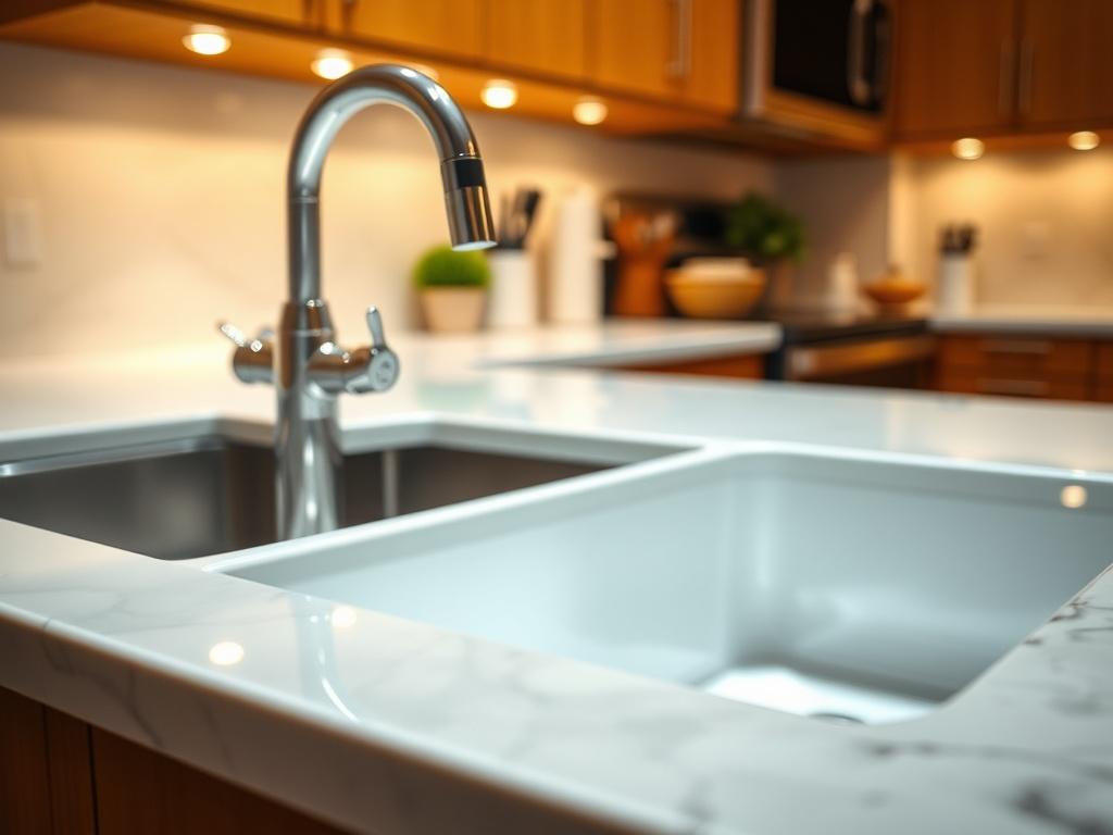 A close up shot of a sparkling clean kitchen countertop