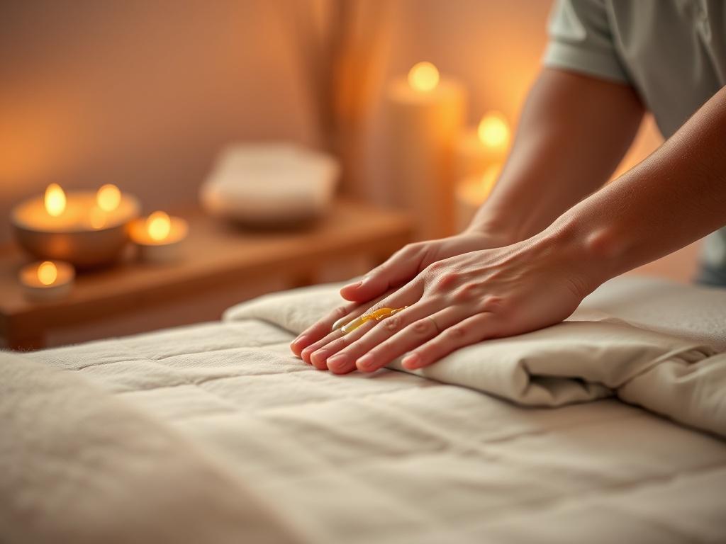 A close-up shot of a serene massage therapy setting, featuring a comfortable massage table with soft linens in calming colors. The focus is on a pair of hands gently applying massage oil, with a blurred background of soothing candles and soft lighting, creating an atmosphere of tranquility. Shot with a 45mm f/1.2 lens to emphasize detail and warmth.