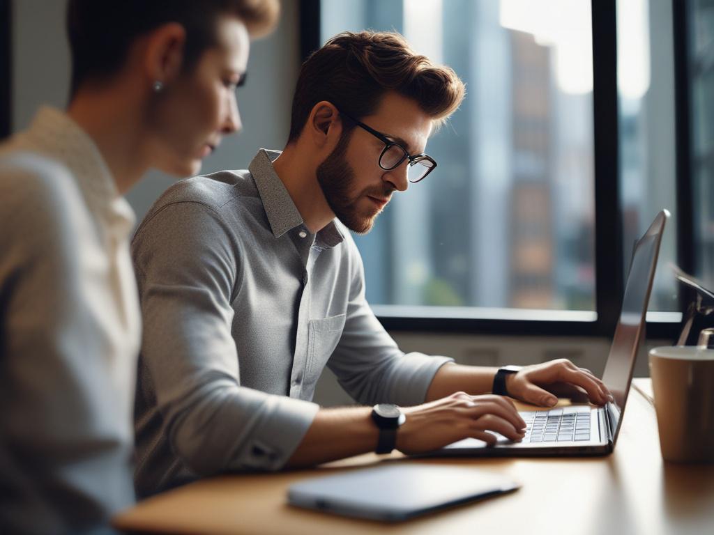 a close-up shot of a professional sitting at a desk, working on a laptop with email marketing analytics displayed on the screen, soft natural light coming through a window, modern office background, hyper-realistic style