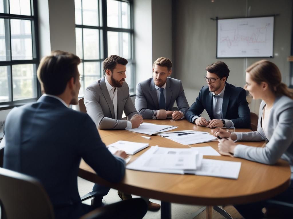 A realistic high-resolution photo of a business meeting with a group of professionals discussing lead generation strategies, with documents and laptops open on the table, in a stylish conference room.