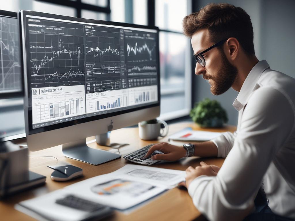 A realistic high-resolution photo featuring a focused professional working on a laptop, analyzing lead data, surrounded by charts and analytics on a screen, in a bright office setting.