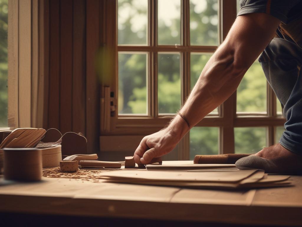 A realistic high resolution of a professional craftsman applying wood