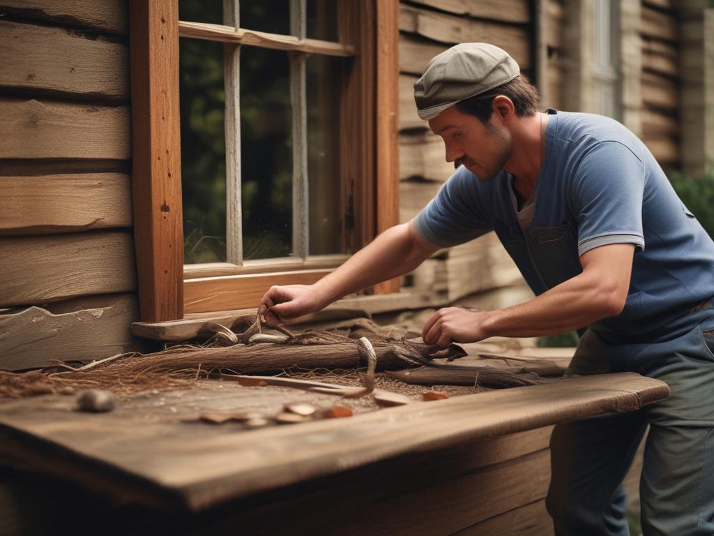 A realistic high-resolution image of a skilled craftsman applying wood hardener to a weathered window frame with visible dry rot. The background features a rustic workshop setting with warm, earthy tones and natural textures, emphasizing the craftsmanship involved in the restoration process. The composition should focus on the craftsman and the window frame, capturing the essence of wood restoration work.