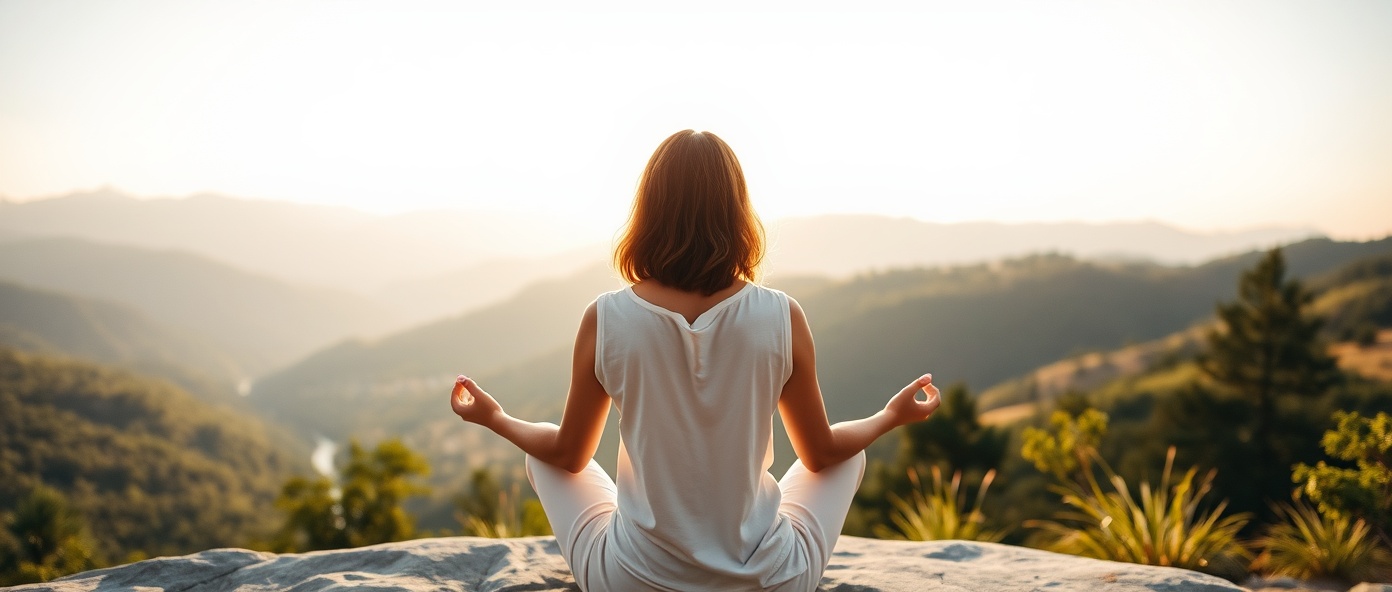 Woman meditating overlooking mountain valley