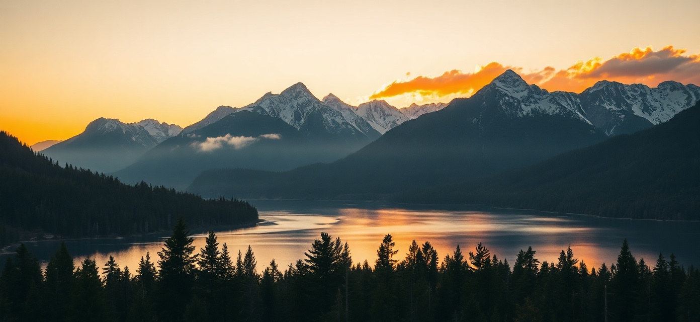 Mountain landscape with golden sunset reflecting on water and forest trees