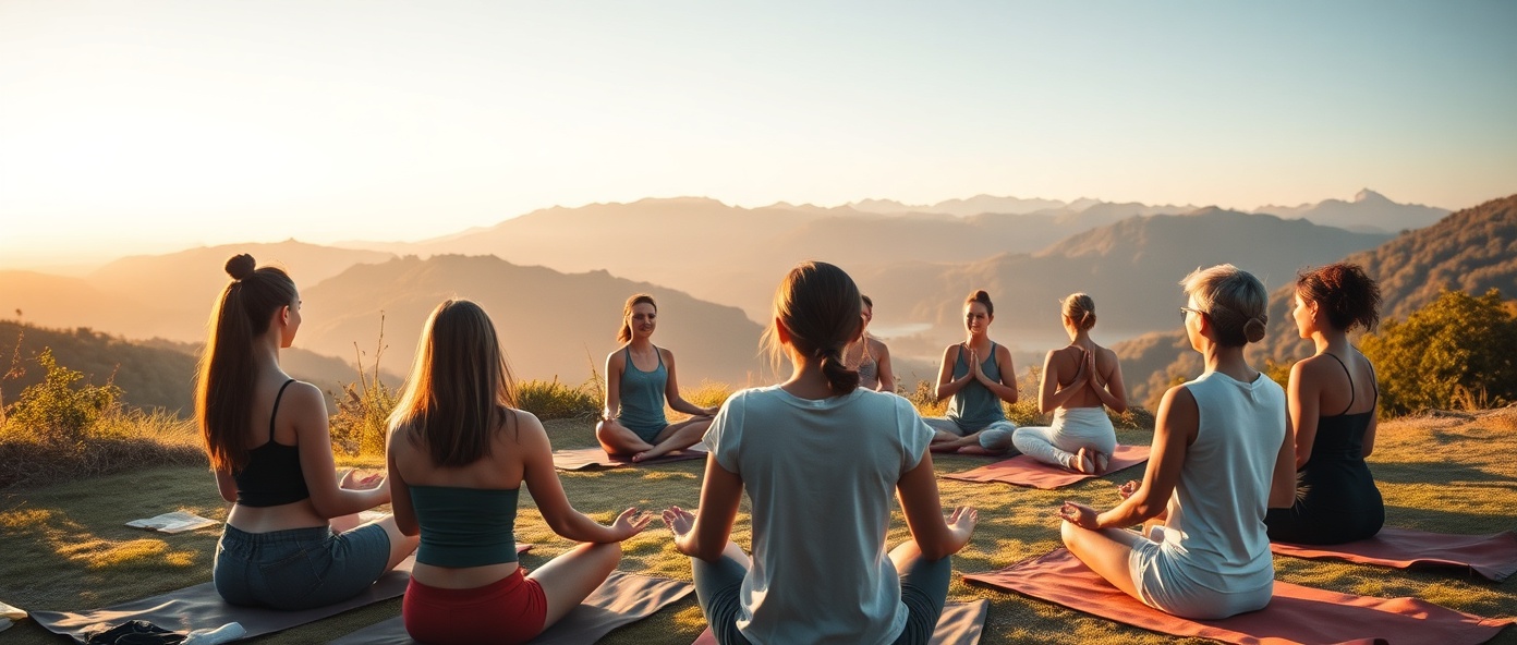 Group meditation retreat in serene natural setting