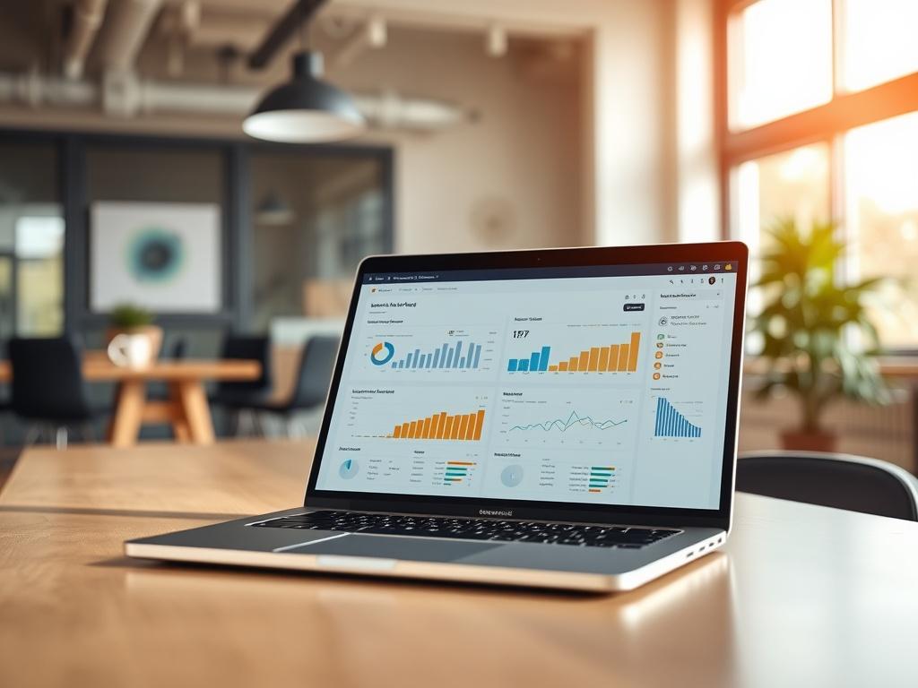 A close-up shot of a laptop open on a desk displaying an AI dashboard with analytics and data visualizations. The background is a clean, modern office space with a warm, inviting atmosphere. The lighting is bright and natural, highlighting the laptop screen while keeping the surroundings softly blurred. The image should emphasize the technology and innovation aspect, showcasing the potential of AI in a business context.