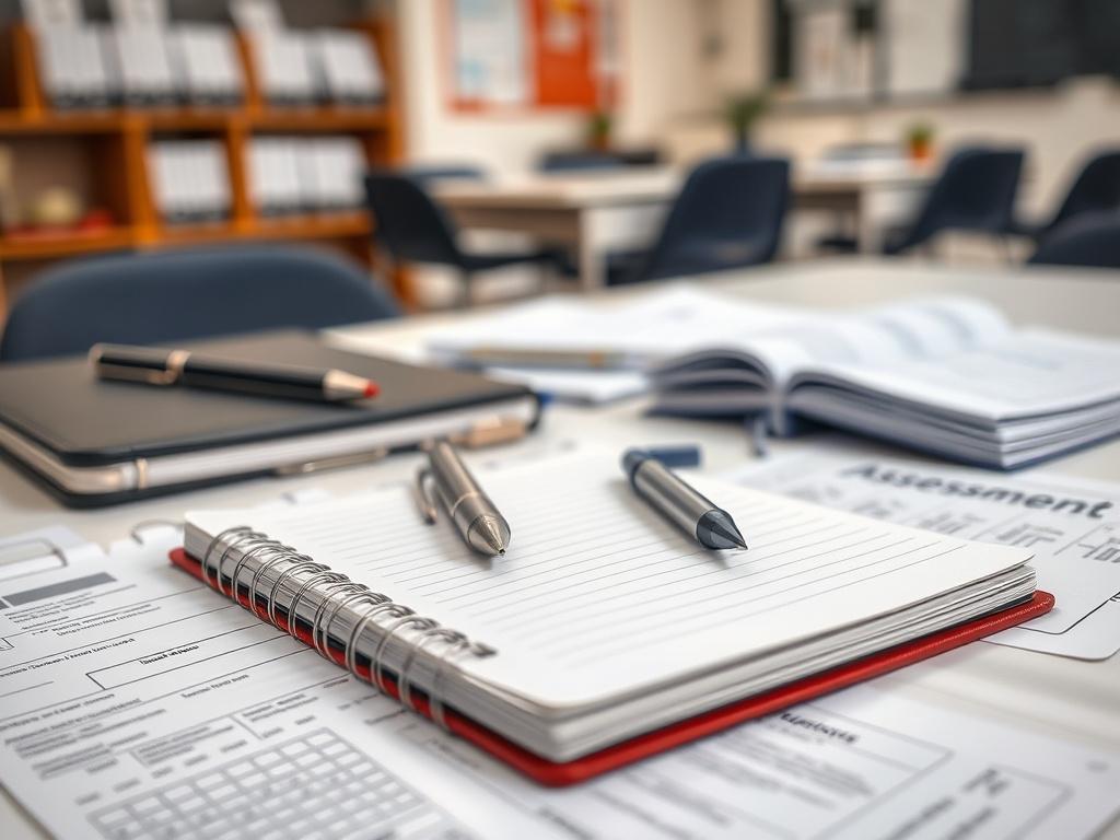A close-up shot of a notebook and pen, with assessment tools and feedback forms scattered around, set on a clean desk. The background features a soft-focus of an educational environment, enhancing the theme of assessment and feedback.