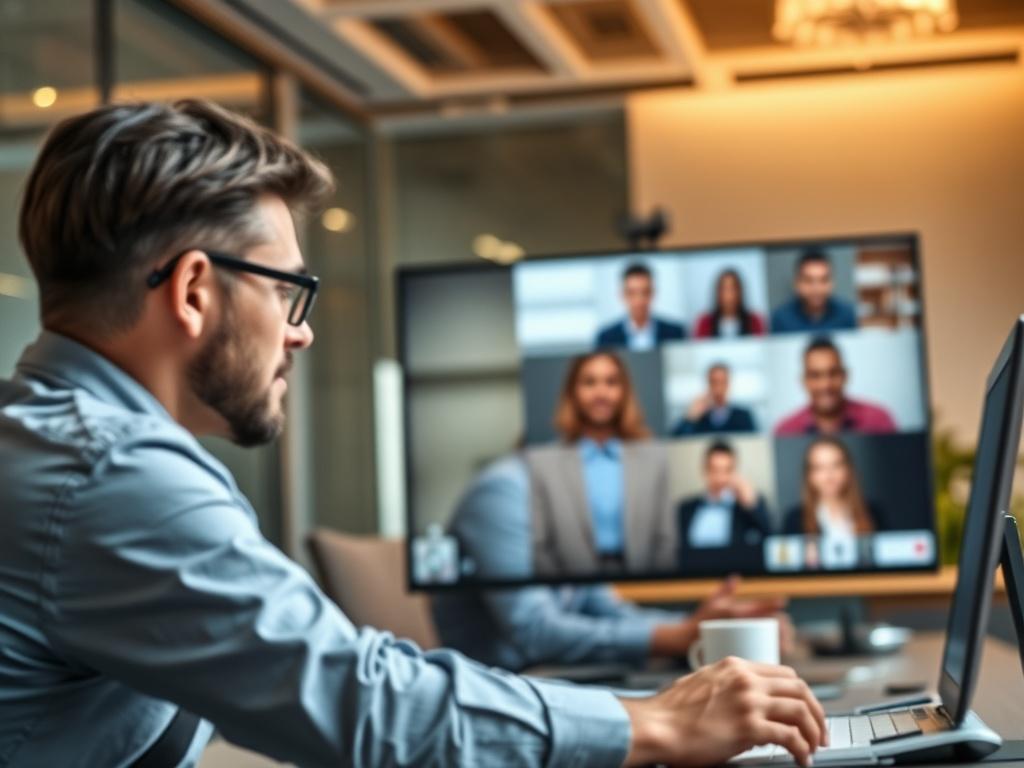 A close-up shot of a project manager engaged in a video conferencing meeting, displaying focus and professionalism. The background is a modern office setting with soft lighting, emphasizing a sense of collaboration and effective communication.