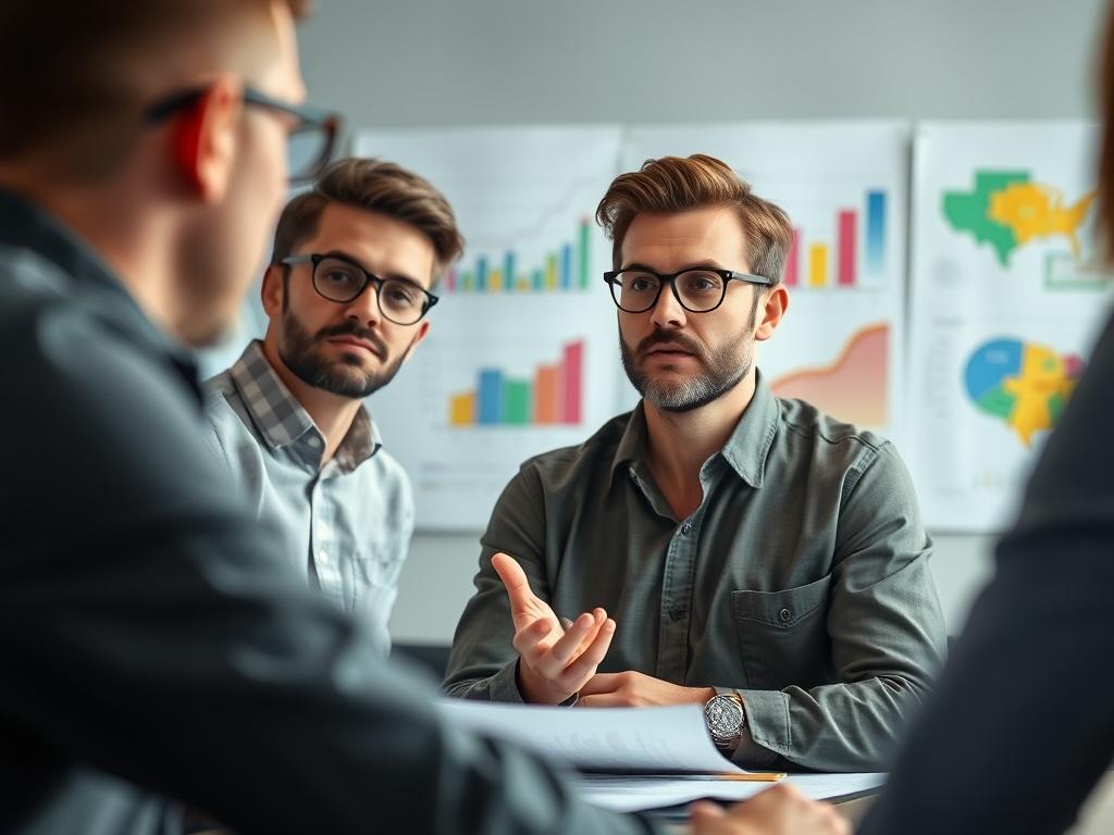 A close-up shot of a project manager leading a team meeting, showcasing engagement and authority. The background features a collaborative workspace with charts and project plans, highlighting the essence of effective leadership.